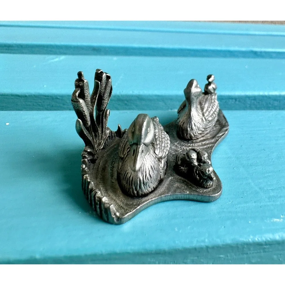 Vintage Pewter Image Duck Family Ducklings Swimming‎ Pond Mini 4 Piece Set 1